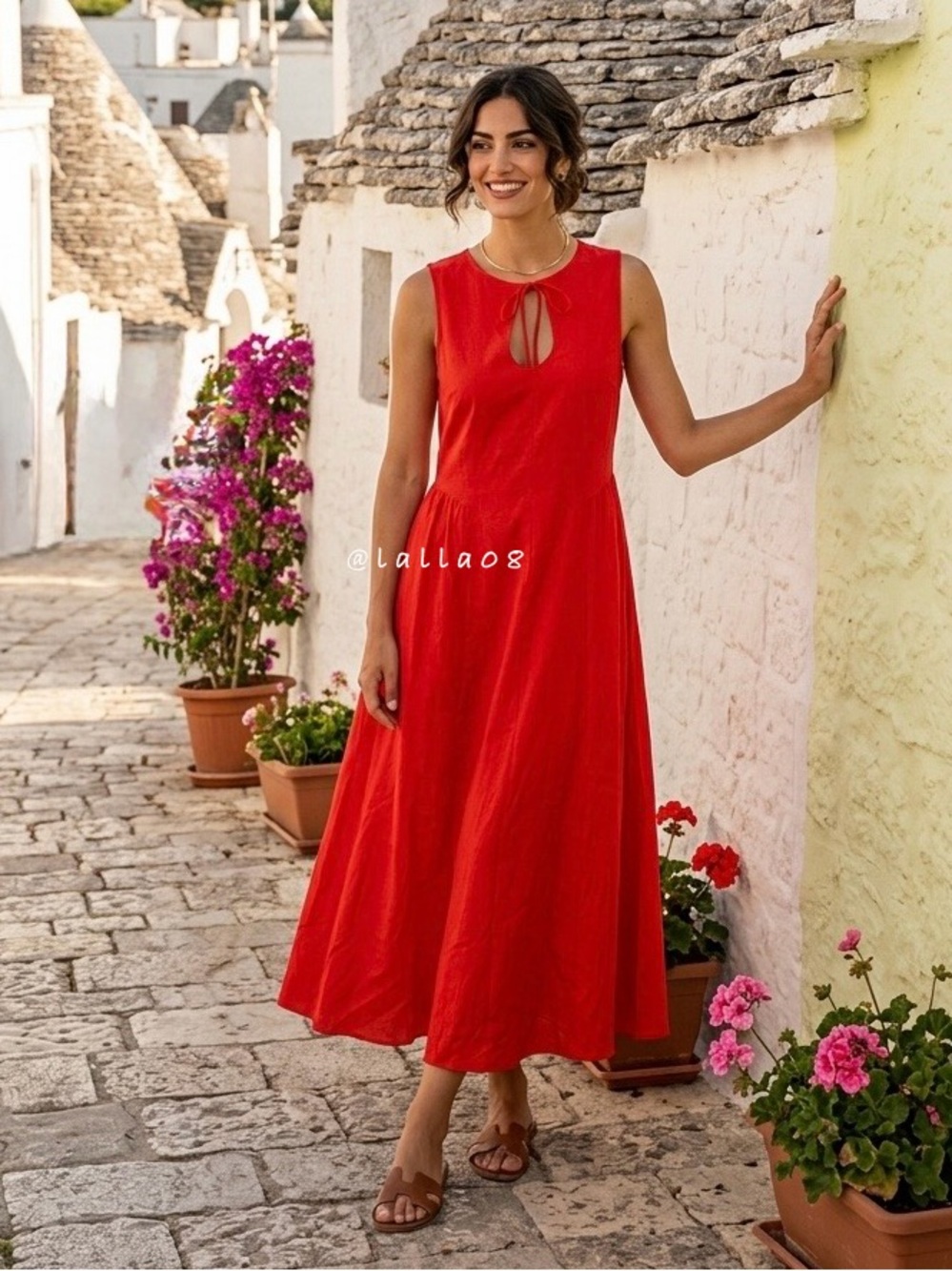 Camila Coelho Red Linen Blend Maxi Dress Keyhole Neckline